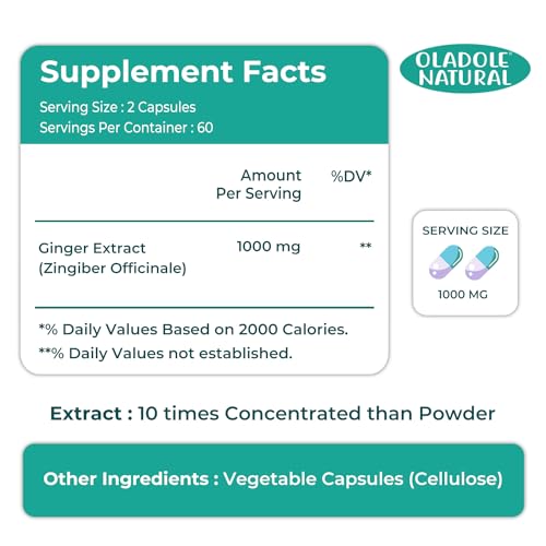 Oladole Natural Ginger Extract- 1000mg (120 Capsules) | Digestive Aid, Immune Booster, Maintain joint Health & Comfort, Supports Metabolic Function, Potent antioxidant & Boost Energy | Non- GMO
