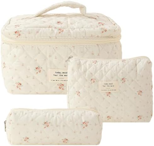 Lushandy 3 Pcs Quilted Floral Makeup Bag Set Cute Cosmetic Bag Coquette Aesthetic Makeup Bag Large Travel Makeup Organizer Toiletry Bag
