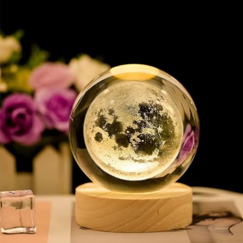 EETU Crystal Glass Ball Night Light,3D Solar System Nightlight Wooden LED Display Base Stand Home Decor Birthday Gifts Decorations Lamp Funny Table Lamp Warm Light for Kids (Moon)