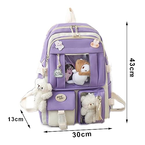 TOMVAES 5 Pcs School Book Bag Set,Bear Pendant Canvas Combo,School Backpack Bag,Girl Student Tote Crossbody Daypack Boy Pencil Case,Girls schoolbag School Shoulder Bags Backpack