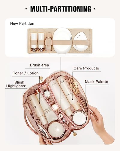 EACHY Travel Makeup Bag,Large Capacity Cosmetic Bags for Women,Waterproof Portable Pouch Open Flat Toiletry Bag Make up Organizer with Divider and Handle
