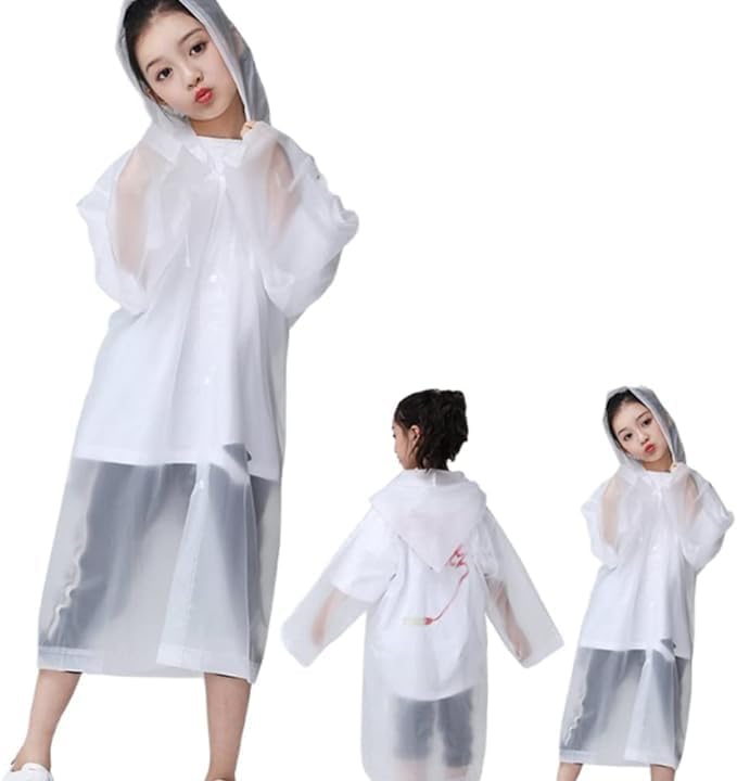 Raincoat for Kids, Waterproof Hooded Rain Poncho, Boys Girls Reusable Raincoat Jackets for Family Fishing Outdoor Emergency-110LX55CM - White