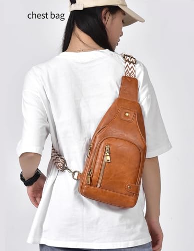 Small Sling Bag, Leather Chest Bag with Adjustable Strap, Lightweight Crossbody Backpack for Men and Women, Anti-theft PU Leather Shoulder Bag for Sports, Outdoor, Travel, Vintage Design (Brown)