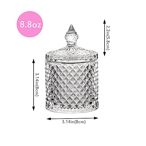 Cotton Ball and Swab Holder Organizer,Home Decor Clear Glass Bathroom Vanity Countertop Canister Jars with Lid, Room Decor Apothecary Jars Holder Makeup Organizer for Pads,Bath Salts 8.8OZ Set of 2