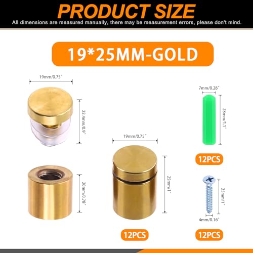 Rustark 12 Sets 3/4" x 1" Gold Stainless Steel Standoff Screws Advertising Mounting Hardware Wall Mount Glass Standoff Holder for Hanging Acrylic Signs Glass Panel Advertising (19mm Dia. x 25mm L.)