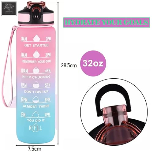 Sulfar Water Bottle 1L / 32oz with Motivational Time Marker Straw Strainer Plastic BPA Free Sport Water Bottles for kids Fitness Gym Office Outdoor Sports and Exercise| Leak Proof (Pink & Blue)