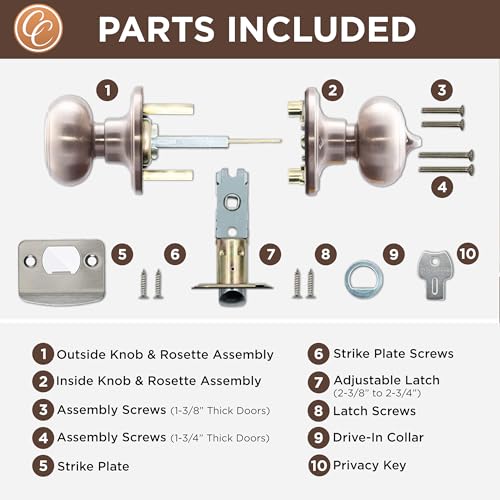 Copper Creek Satin Stainless Door Knobs - Round Colonial Knob with Privacy Locking Function for Home Improvement, 1 Pack - Fits All Standard Doors - Locking Door Knob for Bedroom and Bathroom Use