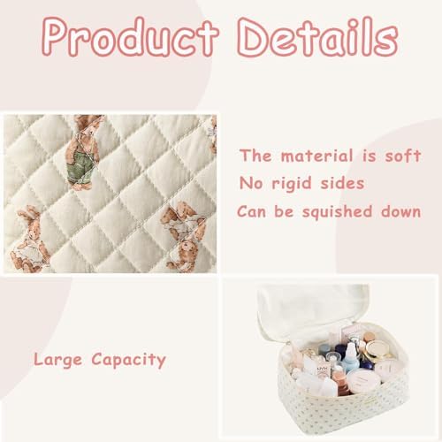 Makeup Bag, 3 Pieces Large Floral Quilted Makeup Bag Set for Women, Cotton Quilted Big Cosmetic Bag, Cute Makeup Bag Pouch Storage Bag, White Bear Pattern