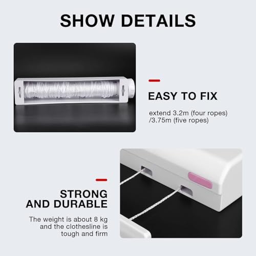 Joyzzz Telescopic Clothesline, Adjustable Length Automatic Telescopic Clothesline, White Plastic Clothes Drying Rope, 5 Line Easy Installation Wall Mounted Clothes Hanging Line