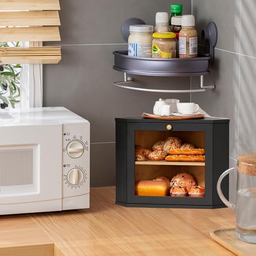 SPNOR Corner Bread Box for Kitchen Countertop, Black Bread Storage Container for Homemade Bread, Two Layer Breadbox under Cabinet Mount, Large Bread Holder for Kitchen Counter, Panry Shelf