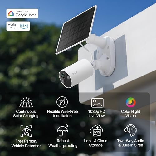 Tapo TP-Link SolarCam C402 Kit, Outdoor Battery Camera w/Solar Panel, Wireless, 1080P, Free Person/Vehicle Detection, SD/Cloud Storage, Color Night Vision, No Hub Needed, Works w/Alexa & Google Home