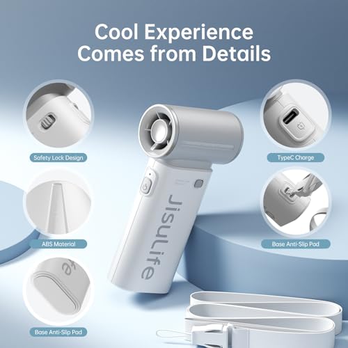 JISULIFE Turbo Hand Fan - 2024 Ultra Power Pocket Fan, Unique Sleek Design, Mini Handheld Fan with 5 Speeds, Lanyard, USB Rechargeable Portable Fan for Travel,Women,Men, Mini Fan Game Changer -Grey