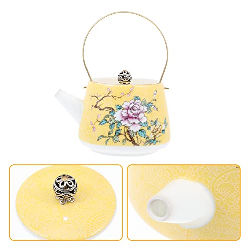 KOKOPO Vintage Chinese Ceramic Teapot Floral Porcelain Kung Fu Tea Pot Porcelain Flower Coffee Pot Water Pot for New Year Party Serving Kitchen Home Birthday Afternoon Tea Housewarming Gift Yellow