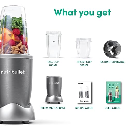 NutriBullet 600 Watts, 3pc Accessories, Multi-Function High Speed Blender, Mixer System With Nutrient Extractor, Smoothie Maker, Grey, NBR-0612,1 year limited warranty