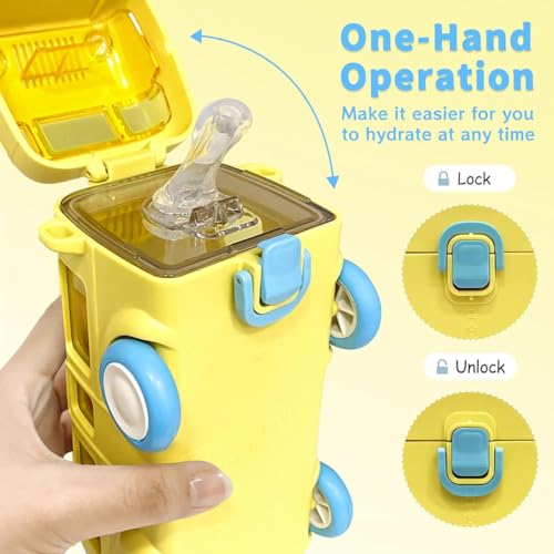 ALMEKAQUZ Bus Water Bottle for Kids,16.9oz/500ml Car Water Cup with Straw and Strap,Leakproof Plastic Drinking Jug with Movable Wheels for Boys School Sports Camping Picnic Hiking Travel Gift - Yellow