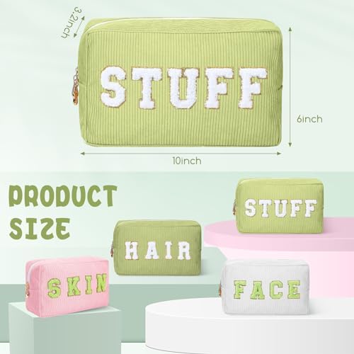 Pinkunn 4 Pcs Preppy Makeup Bags Christmas Chenille Letter Bag Face Skin Hair Stuff Cosmetic Bag Corduroy Makeup Pouch with Zipper Birthday Gifts for Women(Purple, Pink, White, Blue,Corduroy)