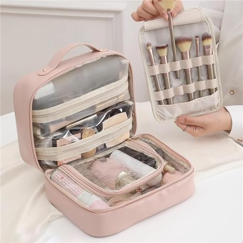 Multi-Compartment Toiletry Cosmetics Bag, Travel Makeup Bag, Toiletry Cosmetics Bag, PU Leather Portable Large Toiletry Bag with Compartments, Portable Cosmetic Travel Bag (Pink)