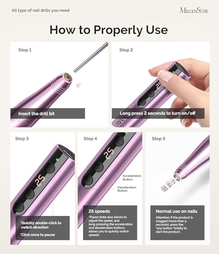 MelodySusie Cordless Electric Nail Drill Machine 11 in 1 Kit, 25000RPM Portable Rechargeable Nail Efile Set for Acrylic Gel Dip Powder Nails, 25 Speeds Manicure Pedicure Polishing Shape Tools