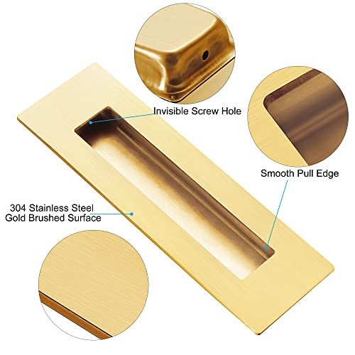 Malimali 6 Inch Recessed Finger Flush Pulls for Pocket Door Closet Door, Sliding Barn Door Handle, Brushed Gold Stainless Steel Rectangular Door Pulls Hardware(2 Pack)