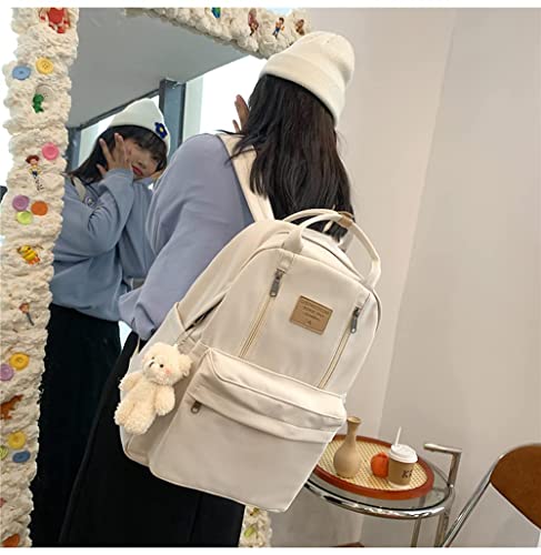 AONUOWE Preppy Backpack with Plushies Cute Backpack for Teen Girls Light Academia Bookbags Solid Aesthetic School Bag