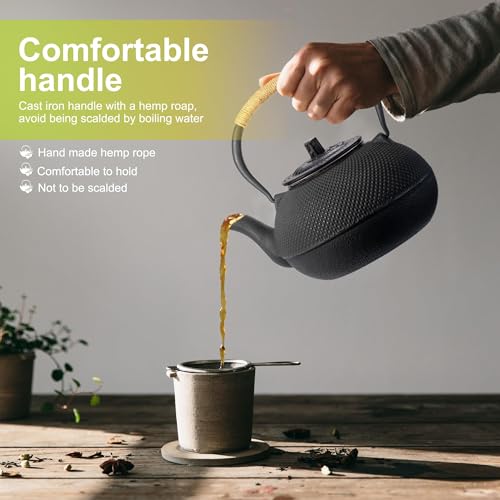 THE WHITE SHOP Cast Iron Teapot, Japanese Tetsubin Kettle Set with 2 Cups, Tea Infuser (1200 ml, Black)