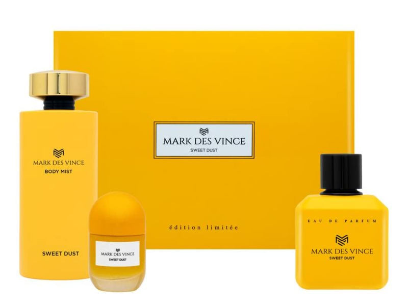 M MARK DES VINCE Sweet Dust Perfume Gift Set For Women Eau De Parfum 100ML + Body Mist 200ML + Concentrated Perfume Oil 15ML (Pack of 3)