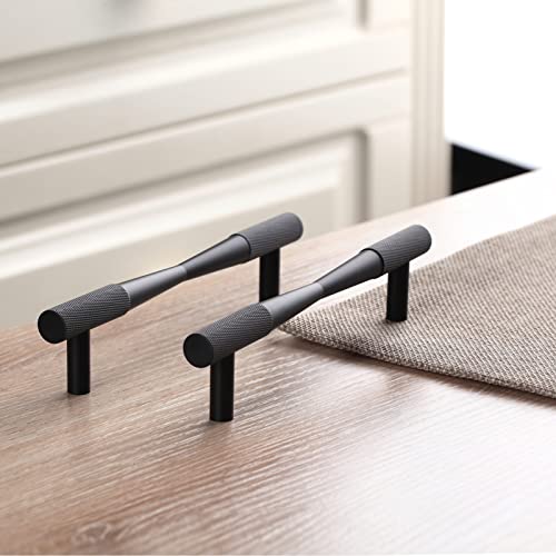 CILEYTION 10 Pack Flat Black Drawer Pulls , 5 Inch Hole Centers Black Knurled Cabinet Handles, Solid T Bar Black Handles for Cabinets and Drawers