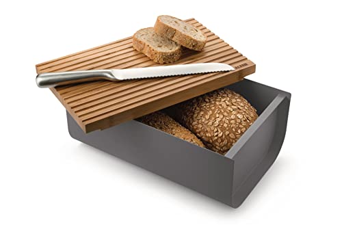Alessi Mattina BG03 DG - Design Bread Box, in Colored Steel with Epoxy Resin with Bamboo Wood Cutting Board,Grey Dark
