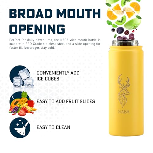 NABA Stainless Steel Water Bottle 600ML With a Wide Mouth-Double Wall Vacuum Flask Hot Insulated Thermos Water Bottle For Kids, School-Coldest Gym Bottles,Sports - 3 Lids,2 Straws (Yellow, 20oz)