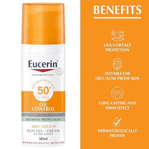 Eucerin Face Sunscreen Oil Control Gel-Cream Dry Touch, High UVA/UVB, SPF 50+, Light Texture Sun Protection, Suitable Under Make-Up, For Blemish-Prone Skin, 50ml