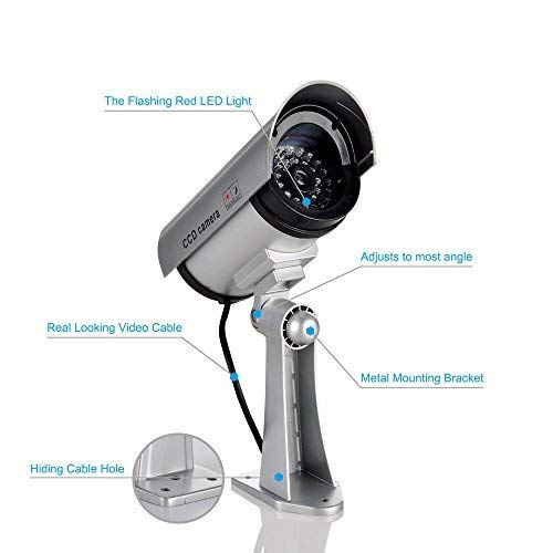 XBW Fake Security Silver Camera, Dummy CCTV Surveillance System with Realistic Red Flashing Lights and Warning Sticker 2 Pack