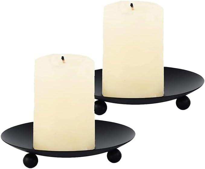 AMERTEER 2 Pcs Diameter 4.3" Candlestick Holders Iron Pillar Candle Holder Gold Candle Holder Hurricane Candle Holder Candle Stands Candle Plate Holder Pedestal Candle Holders for Table (Black)