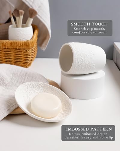 ANTIS'S HOME Bathroom Accessories Set with Embossed Design 4PCS, Ceramic White Bathroom Accessory Set, 1Pcs Bathroom Soap Dispenser 14oz, 2Pcs Tumbler Cup, 1Pcs Soap Dish,