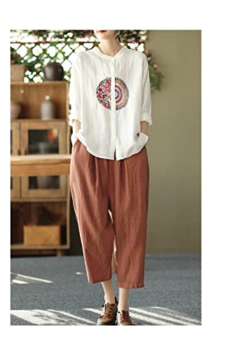 Women's Literary Retro Embroidery Linen Shirt Spring Summer Casual Loose Stand Collar Long Sleeve Shirts