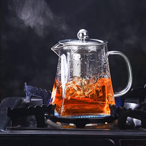 TAPIT 950ml Glass Teapot with Infuser, Borosilicate Glass Tea Kettle for Loose Leaf Tea, Transparent Teapot with Stainless Steel Removable Infuser,Microwavable and Stovetop Safe (950ml-Square)