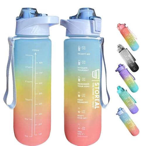 STOREAL Original Tritan Motivational Water Bottle with Straw, Leak-proof, BPA Free, 1L Water bottle with Time Marker, Reusable Drinking Water Bottle for kids Adults - Ideal For Sports, Travel, Gym