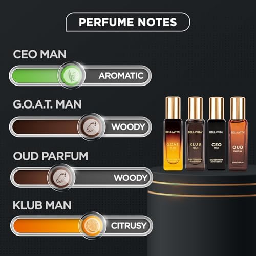 BellaVita Luxury Perfume Gift Set for Men | Includes CEO Man, KLUB, OUD, GOAT, Perfumes | Woody, Citrusy and Dominating Long Lasting Mens Perfume Set | Oud Perfume for Men | Luxury Collection Perfumes