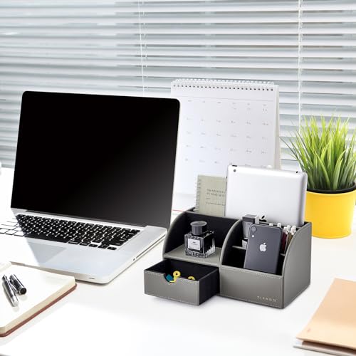 Vlando Desk Organizers with Drawer, Back to School Supplies for Desk Caddy Office Supplies with 5 Compartment Desktop Storage Holder with Drawer Organizer Section for Desk Accessories for Home(Gray)