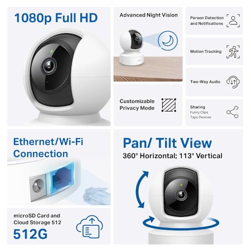 Tapo C202 1080P WiFi/Ethernet Camera Indoor Surveillance Camera with Person Detection Two-Way Audio Compatible with Alexa and Google Assistant for Baby/Pets
