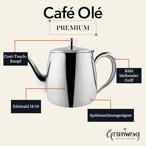 CafÃ© OlÃ© Premium Tea Pot, 18/10 Stainless Steel, Mirror Polished, 13oz, Stay Cool Hollow Handles, Perfect Pour Spout