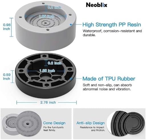 Neoblix 4pcs Shock and Noise Cancelling Washing Machine Support, Washer Dryer Rubber Pads with Suction Cup Feet, Anti Vibrasion Pads, Non Slip Noise Reducing Base