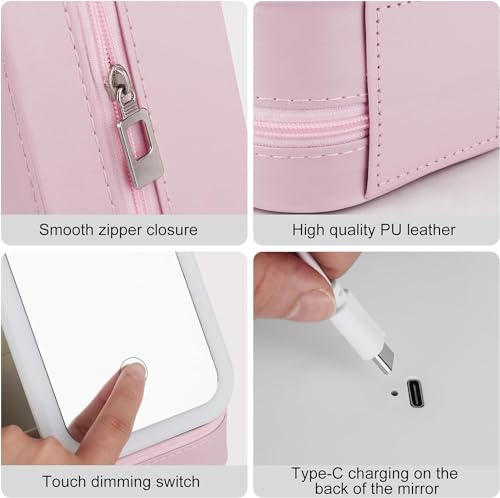 Tufexigo Travel Makeup Case with LED Mirror, Makeup Bag with Lighted Mirror, Cosmetic Train Storage Box, Portable Organizer Vanity Case for Women Beauty Tools Accessories Rechargeable (Pink)
