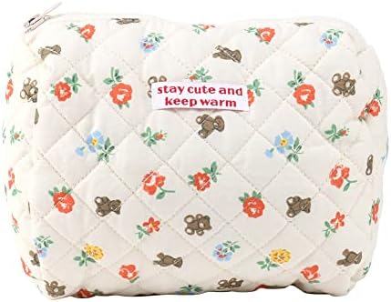 Juoxeepy Cotton Makeup Bag Large Travel Cosmetic Bag Quilted Cosmetic Pouch Coquette Aesthetic Floral Toiletry Bag, A-White, 10x5.9x5.3in