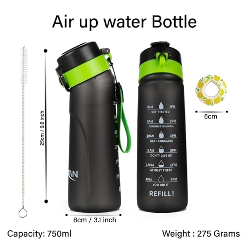 EHXAN Flavored Air Up Water Bottle 750 ML, 5 Flavor Air Up Pods Sports Water Bottle with Motivational Time Markers and Straw BPA-Free, for School Kids, Gym,Office,Outdoor (Black)