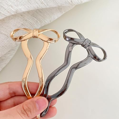 Beynant 2PCS Vintage French Hair Forks for Women U Shaped Updo Metal Hair Pins for Long Thick Hair,Large Gold Bow 2 Long Prong Bun Twist Hair Sticks,Medium Hair Accessories for Women