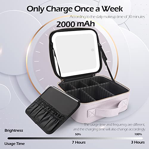 Travel Makeup Bag Cosmetic Bag Makeup Organizer Bag with Lighted Mirror, Adjustable Brightness in 3 Color Scenarios, Waterproof Makeup Train Case, Gift for Women