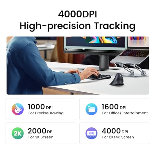 UGREEN Ergonomic Mouse, Vertical Wireless Mouse, 2.4GHz Optical Bluetooth Mice, 4 Adjustable DPI 1000/1600/2000/4000 Levels, 5 Buttons Mice for Laptop, PC, Chromebook, Desktop, Notebook etc, Black