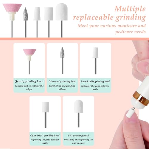 Professional Electric Nail Drill Machine, Portable Mini Manicure Pedicure Nail Drill File Tool, USB 5-in-1 Polishing Kit, for Acrylic Gel Dip Powder Nails, for Calluses Polishing, for Home and Salon