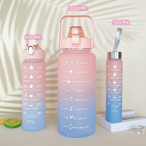 3 Pack Sports Water Bottle With Straw,2L+900ml+500ml Measured Plastic Drinking BPA Free Non-Toxic Sports Drinks Time Markings Motivational Fitness (Pink)