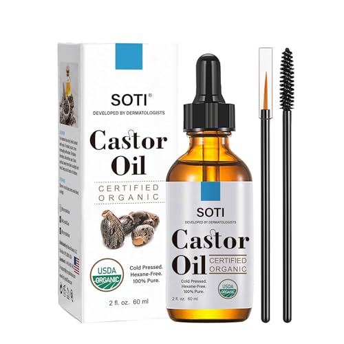 Castor Oil (2oz), USDA Certified Organic, 100% Pure, Cold Pressed, Hexane Free by Soti. Stimulate Growth for Eyelashes, Eyebrows, Hair, Skin Moisturizer